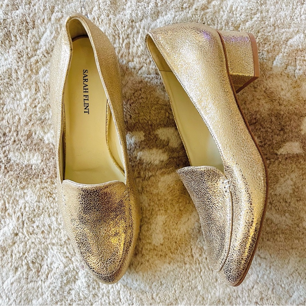 Sarah Flint Rosie Leather Lower Heeled Loafer In Gold Crackle Metallic Size 38.5
